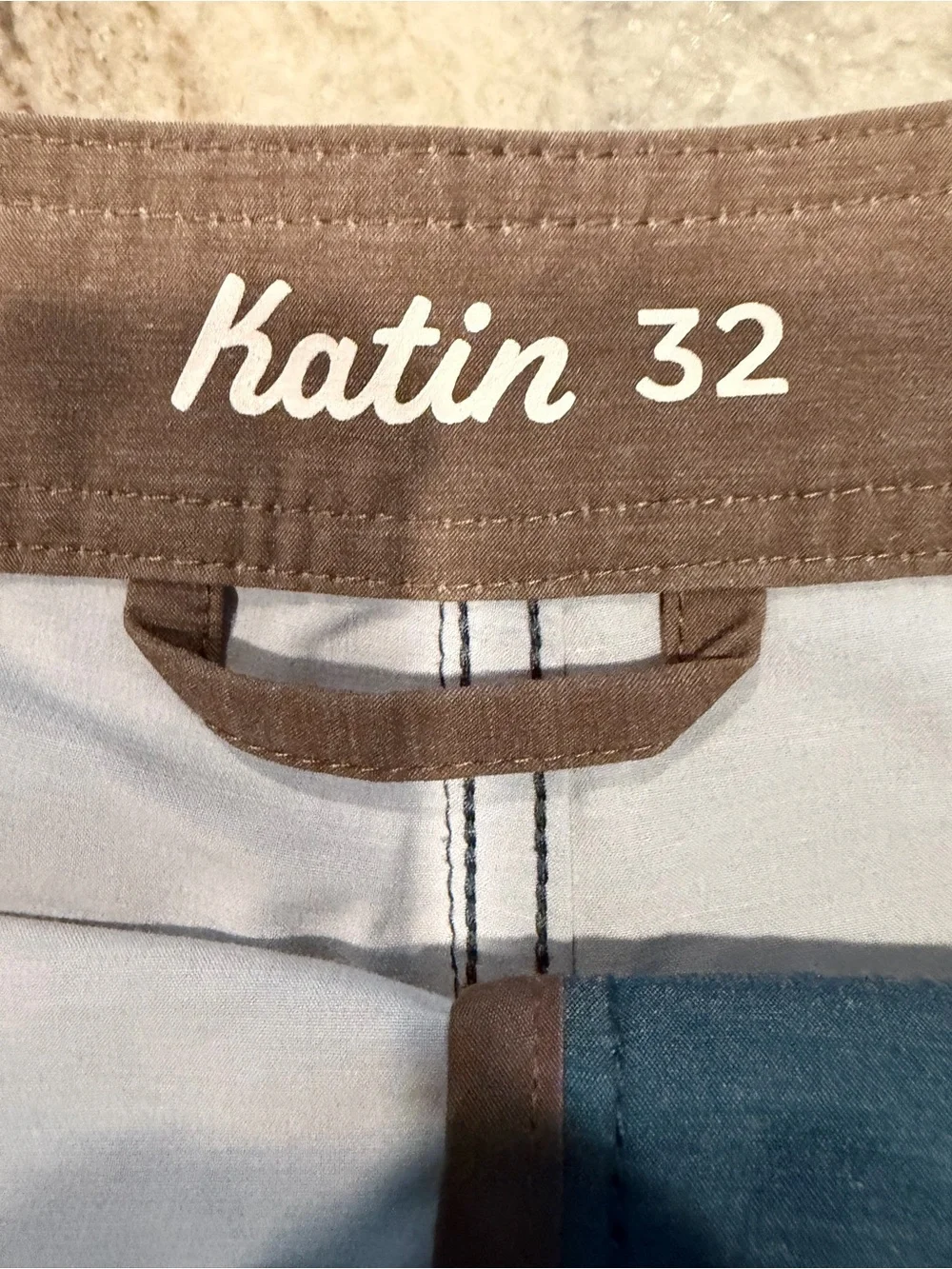 Katin Board Shorts. Blue with Brown Trim. Floral Side Panel Design. Size 31. EUC